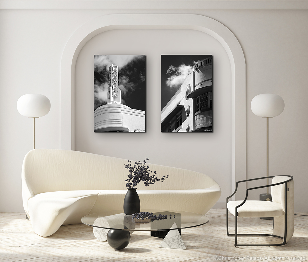 Christopher Petsos Miami art deco black and white metal prints in a modern living room