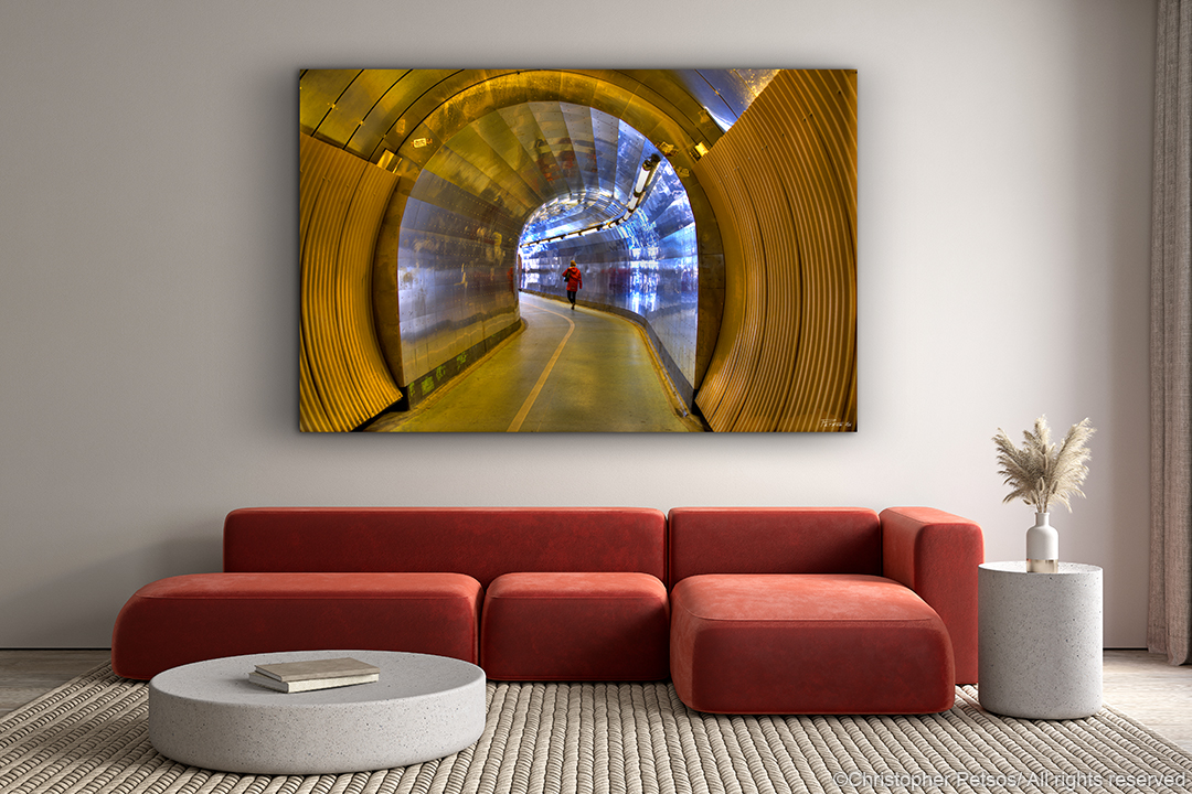 Limited edition Stockholm print by Christopher Petsos, hanging in a modern living room 