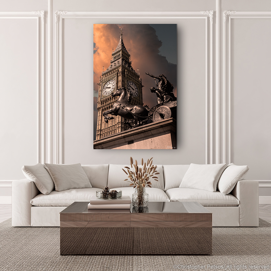 Christopher Petsos limited edition London photograph of Big Ben hanging in a living room