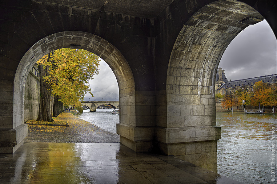 The Seine on a rainy Sunday morning with Autumn leaves and water reflections