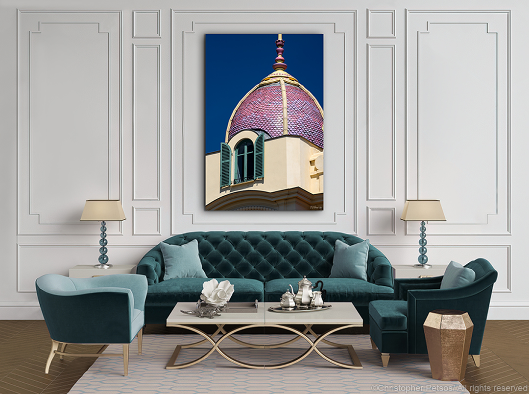 limited edition print of Nice France architectural dome hanging in a classic living room