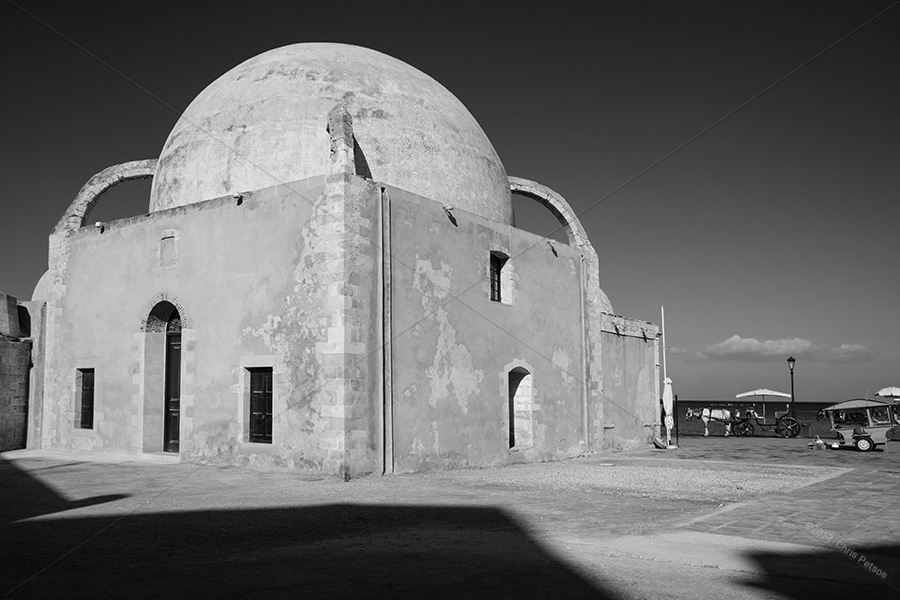 old domed mosqueon the island of Crete in black and white