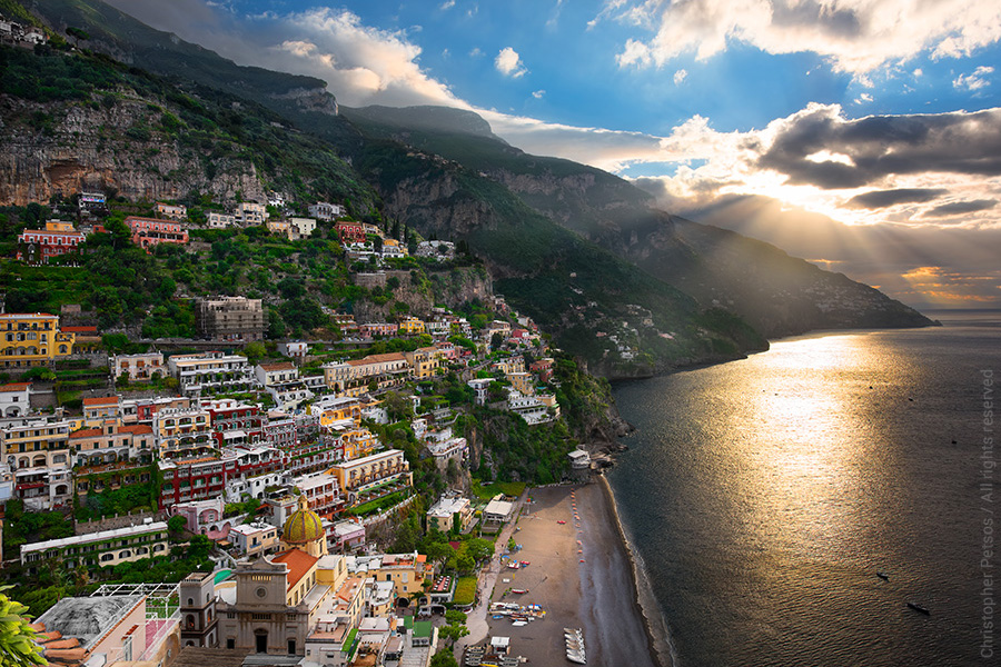 Color photo print of Positano and sunrise with water and mountains