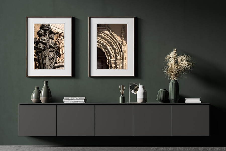 Palermo Sicily prints by Christopher Petsos hanging above a credenza with olive green walls