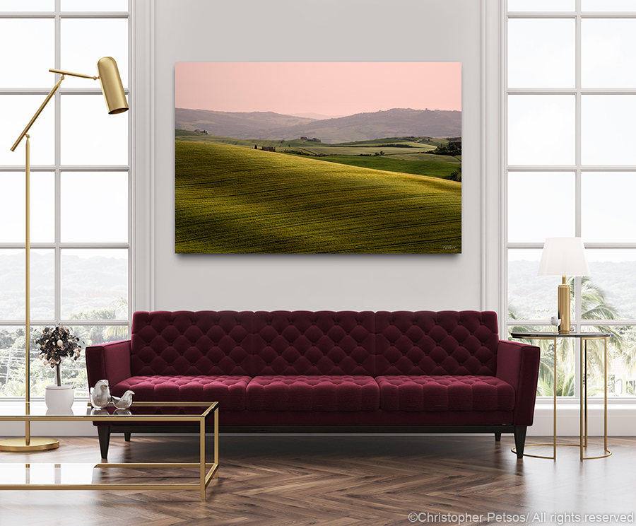 Tuscany print by Christopher Petsos with wheat fields under an early morning rose colored sky