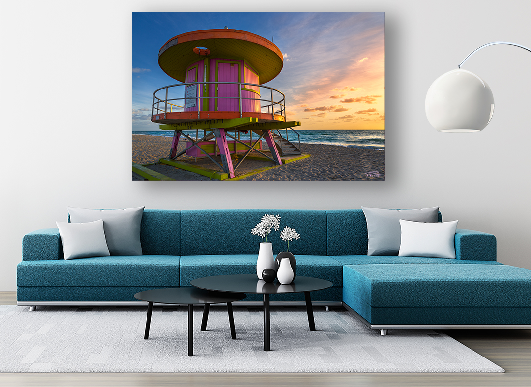 Chris Petsos Miami print of the Tenth Street beach hut/lifeguard tower hanging in a modern living room