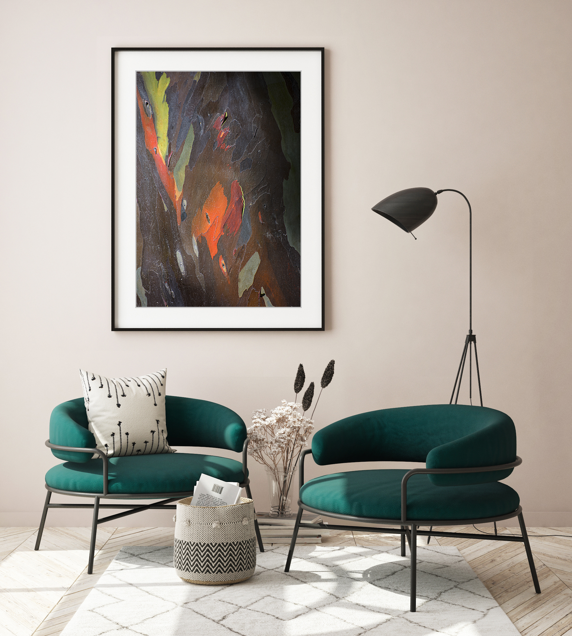 Rainbow eucalyptus print hanging in a living room with two chairs
