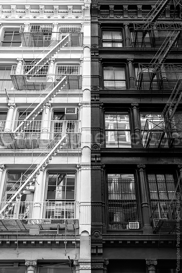 Black and white cast iron loft buildings in SoHo 