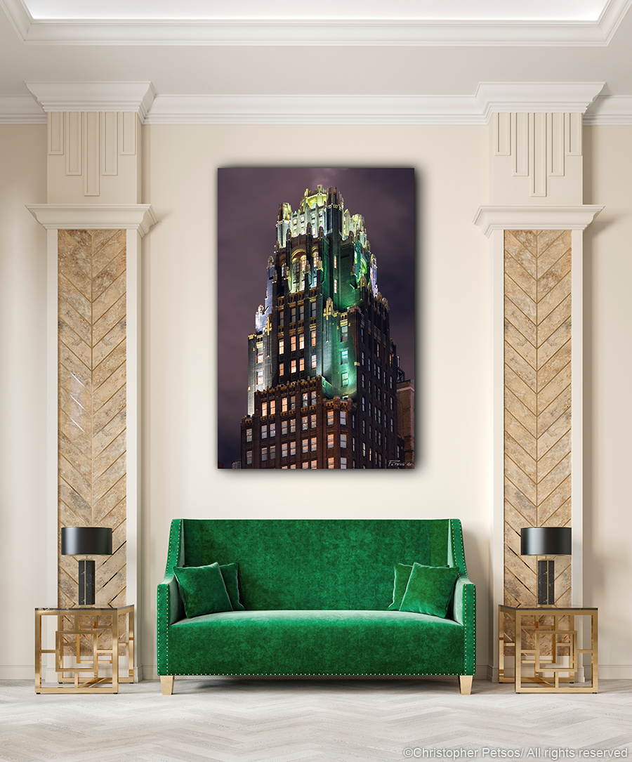 Architectural print of the American Radiator Building by Christopher Petsos hanging in a hotel reception