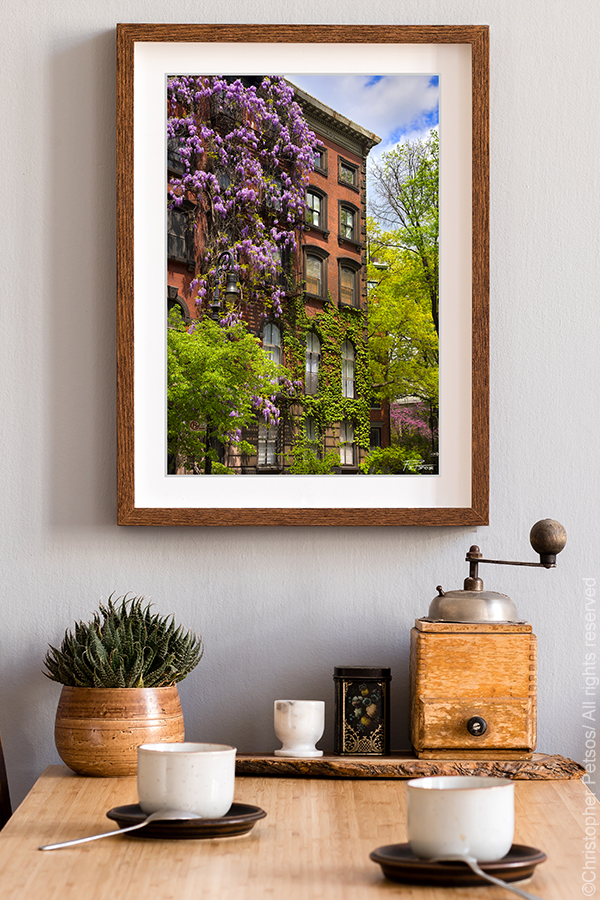 Chris Petsos print of East Village NYC wisteria hanging in a kitchen