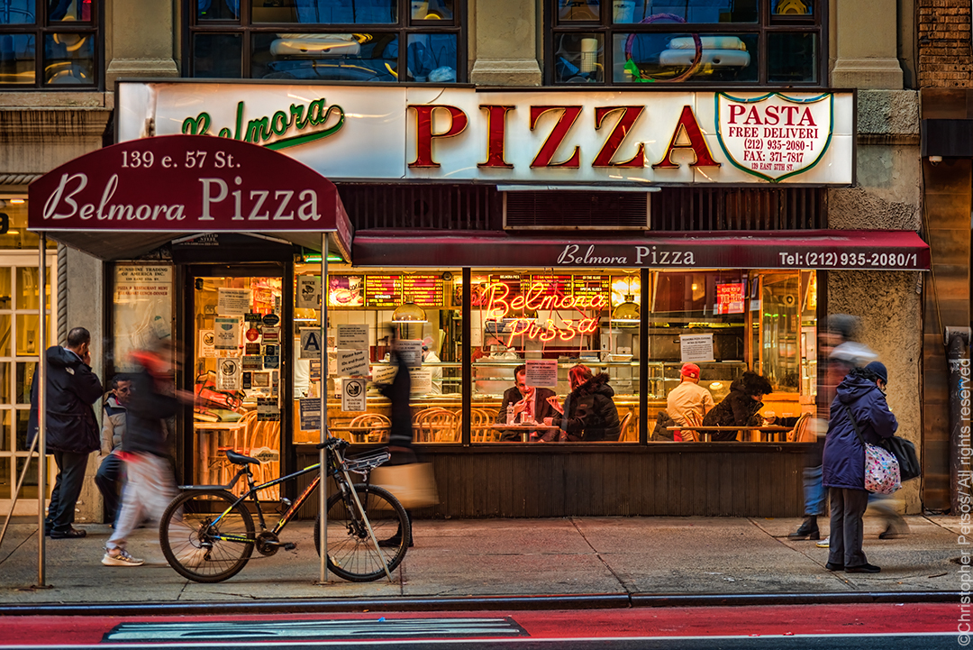 Storefront photo of Belmora Pizza on East 57th Street for sale as a print