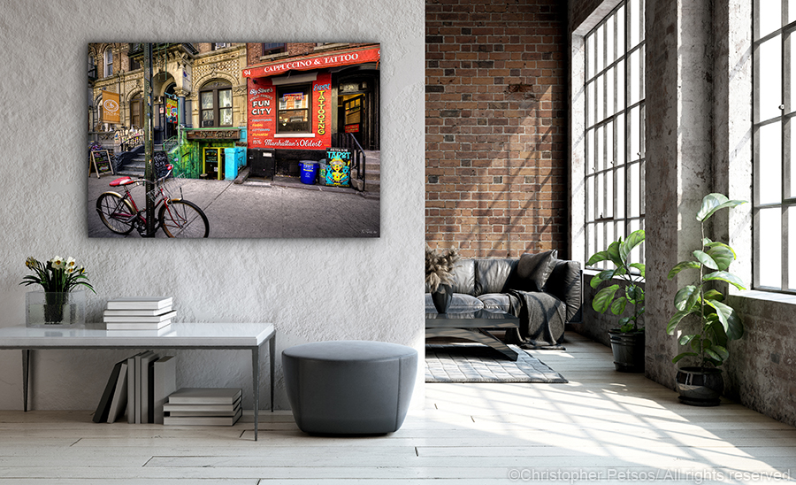Christopher Petsos print of East 8th Street in New York's East Village with Cappuccino and Tattoo shop hanging in a modern loft