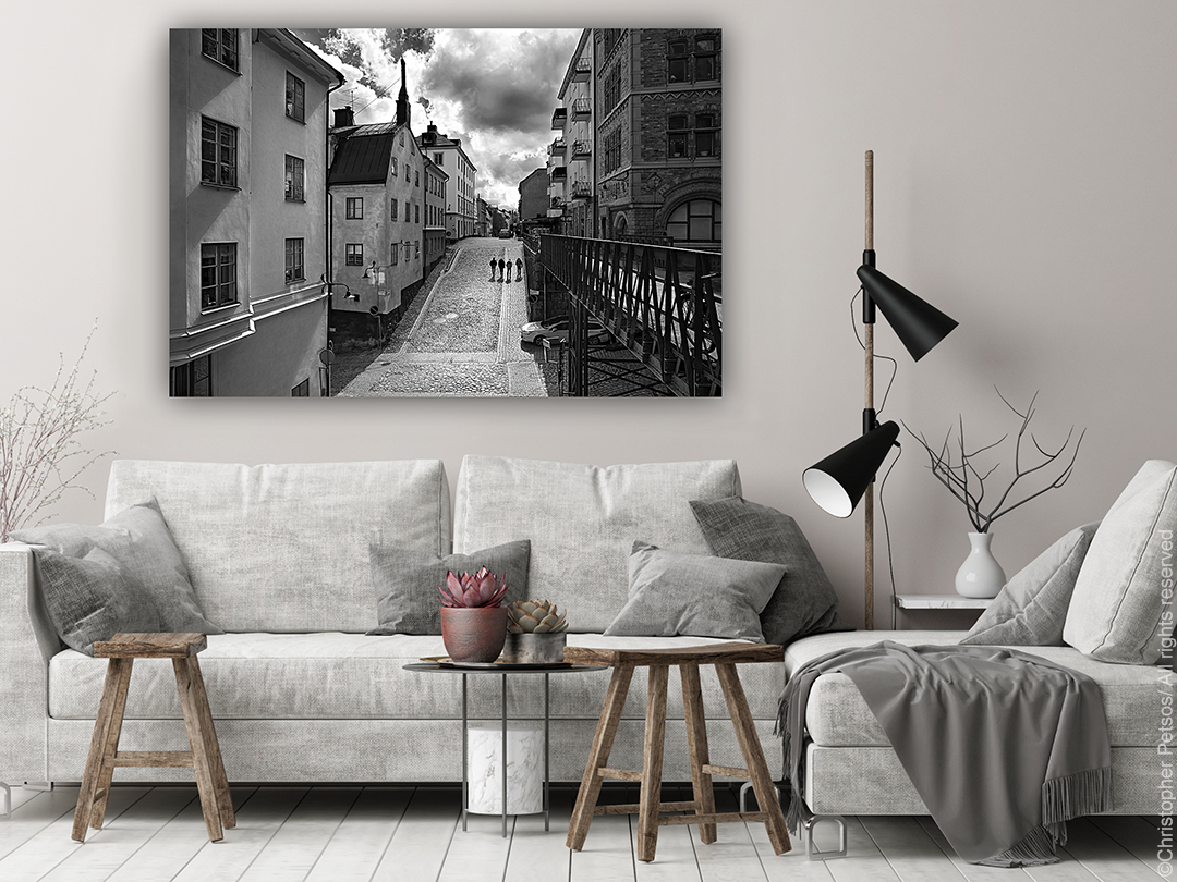 stockholm print by Christopher Petsos hanging in a living rooom