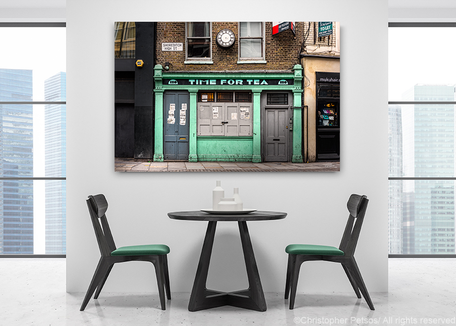 Time For Tea a business in London's Shoreditch neighborhood with turquoie storefront and weathered industrial vibe