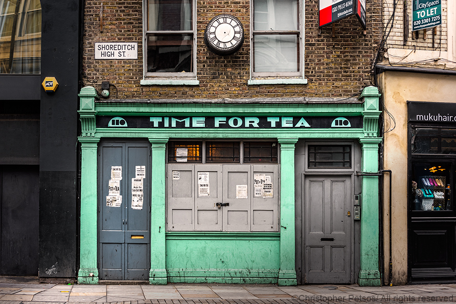 Time For Tea a business in London's Shoreditch neighborhood with turquoie storefront and weathered industrial vibe