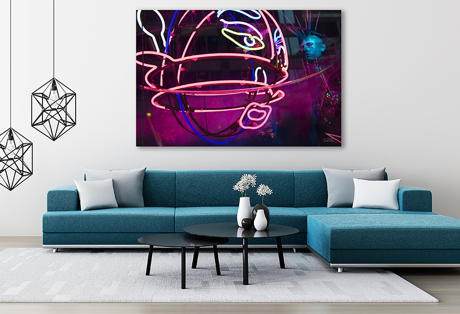 Christopher Petsos fine art print, Liquid Sky Redux, displayed above a teal sofa in a room with modern minimalist decor